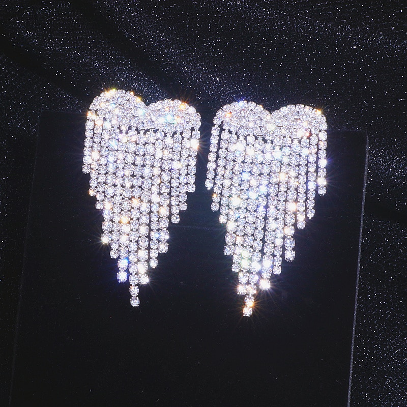 Luxury Rhinestone Tassel Earrings For Women Elegant Big Crystal Heart Drop Dangle Earrings Wedding Earring Jewelry Accessories