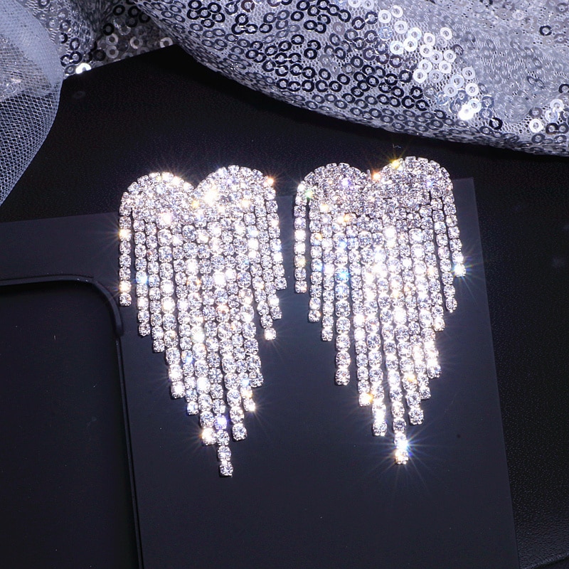 Luxury Rhinestone Tassel Earrings For Women Elegant Big Crystal Heart Drop Dangle Earrings Wedding Earring Jewelry Accessories