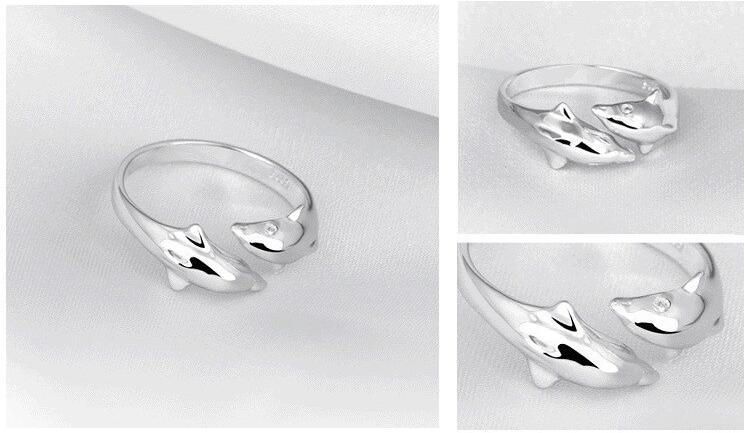 Hot Popular Exquisite Animal 925 Sterling Silver Jewelry Creative Double Dolphin Hypoallergenic Female Opening Rings SR289
