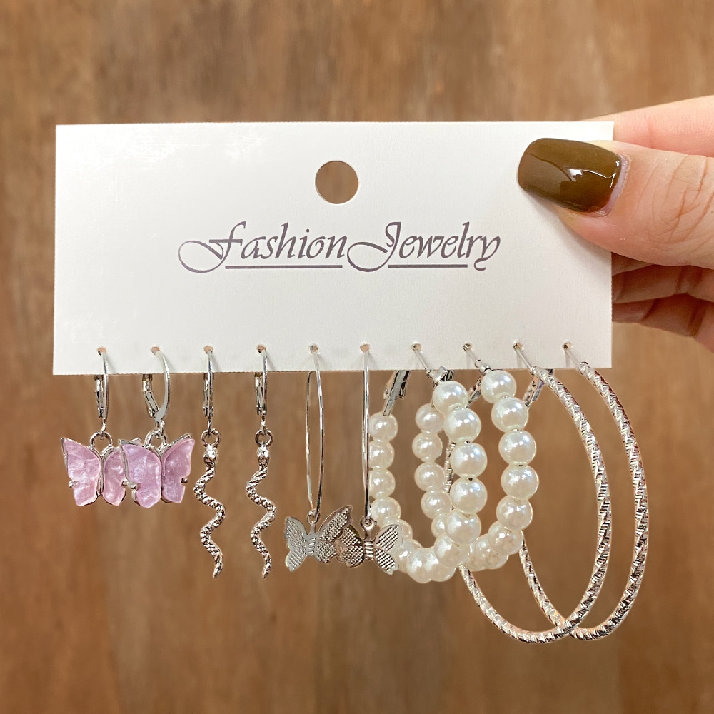 EN Woman Fashion Silver Color Butterfly Drop Earrings 2021 Trend New For Women Snake Pearl Hanging Earrings Set Jewelry Gifts