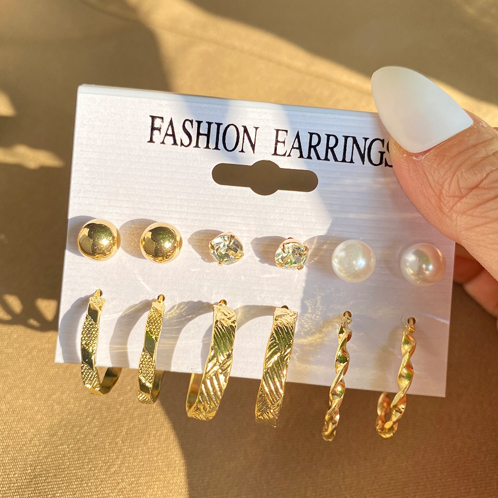EN Punk Geometric Heart Gold Color Stud Earrings For Women 2021 Trend Metal Moon Star Pearl Earings Set Jewelry Party Gifts