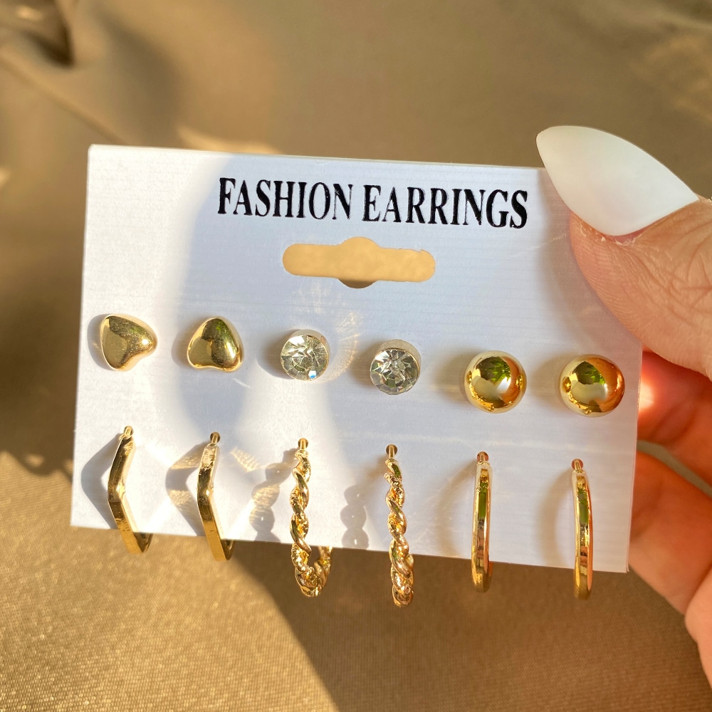 EN Punk Geometric Heart Gold Color Stud Earrings For Women 2021 Trend Metal Moon Star Pearl Earings Set Jewelry Party Gifts