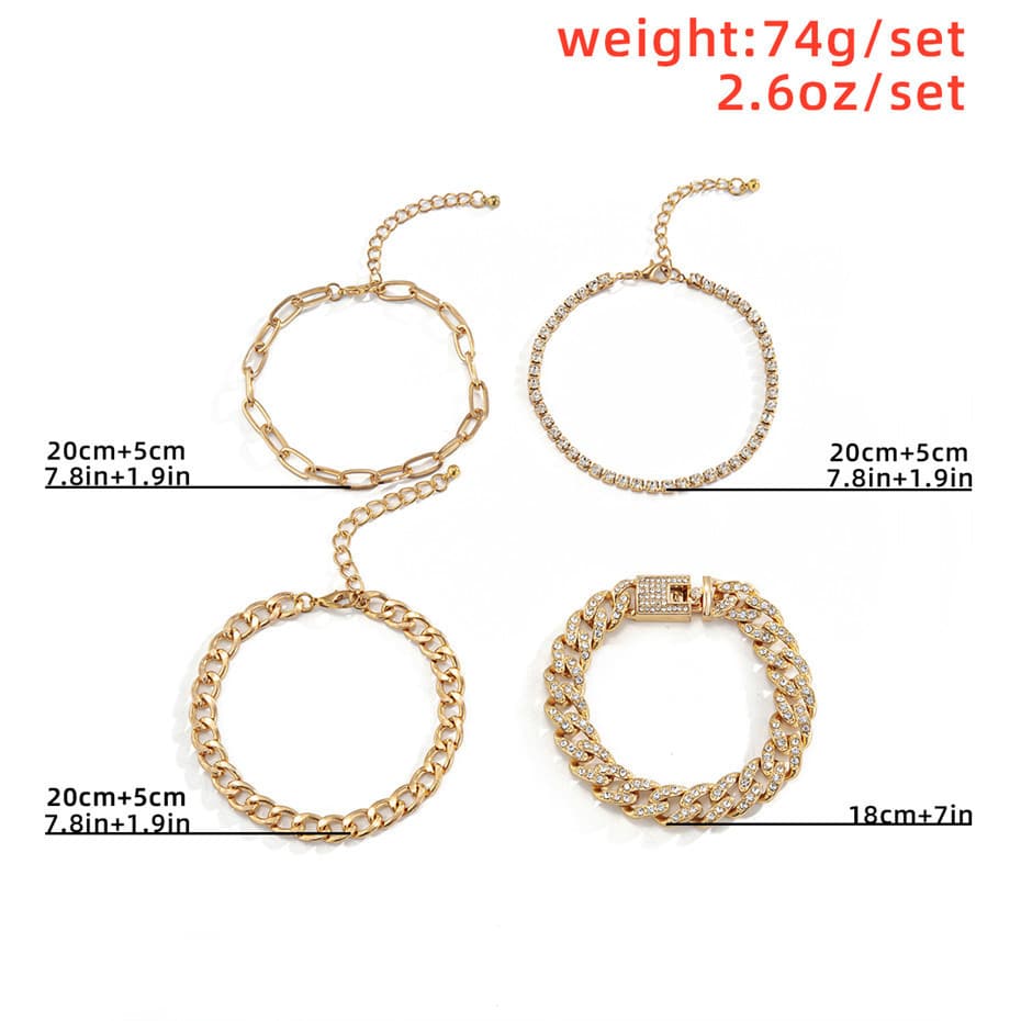 4Pcs/Set Luxury Shiny Rhinestone Bracelets Set Bangle Women Men Adjustable Clear Crystal Chunky Link Charm Bracelet Hand Jewelry