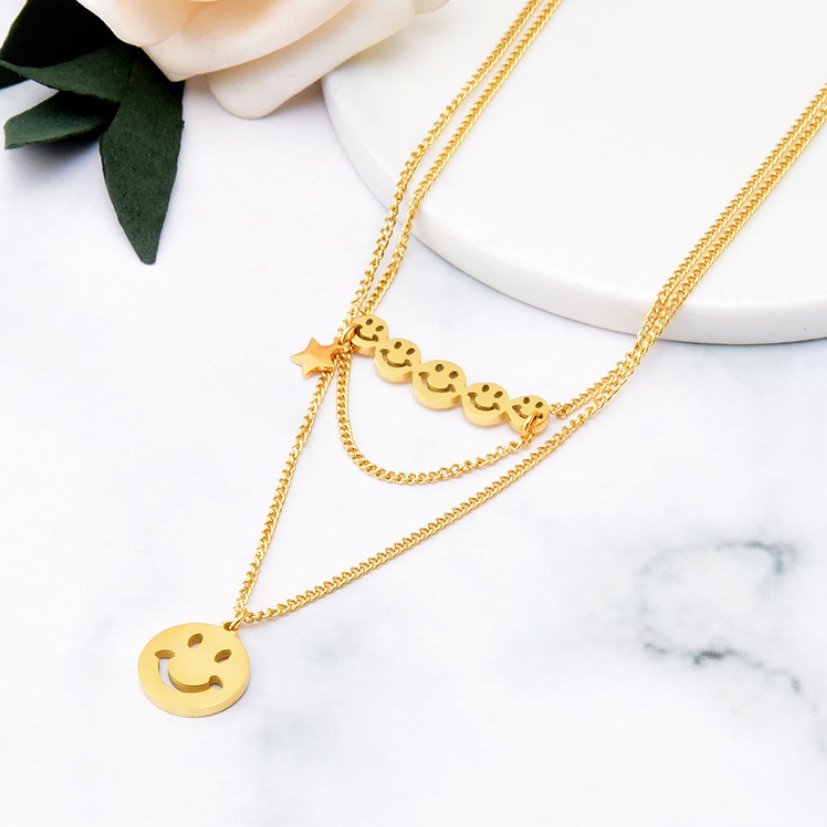 2022 2 Layer Star Smiley Happy Face 316L Stainless Steel New Fashion Fine Jewelry 2 Layer Star Smile Smiley Tassel Charms Chain Choker Necklaces & Pendant For Women