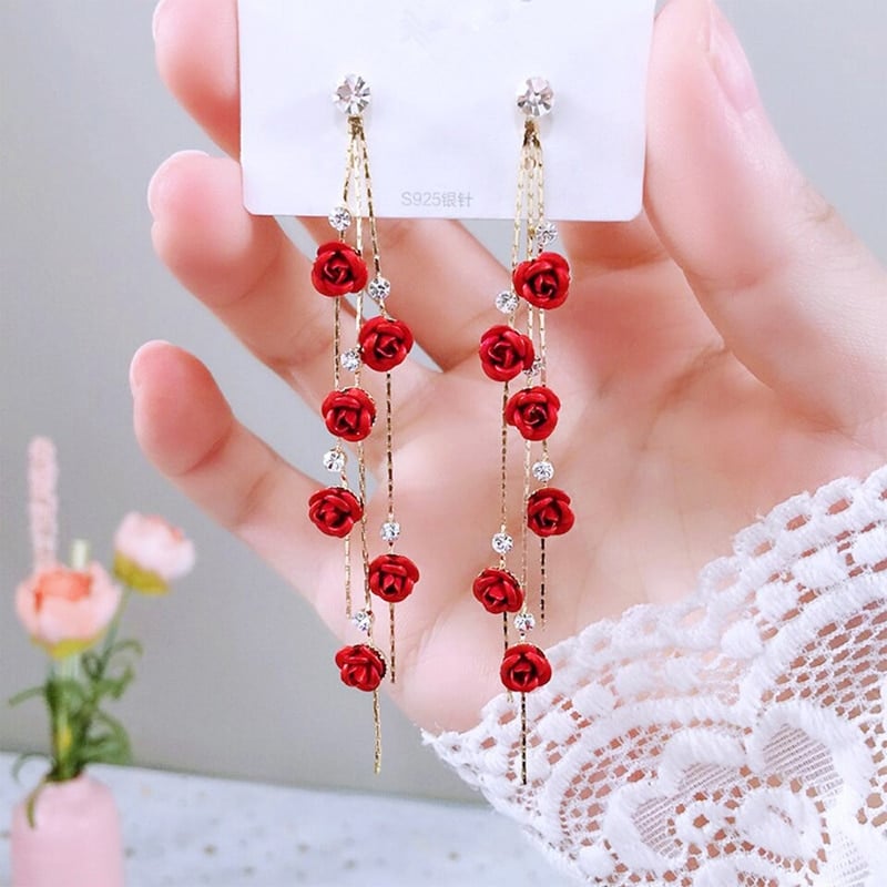 Lovely Flower Drop Rose Petal Earrings for Women Red White Long Tassel Dangle Hanging Earrings Weddings PGift