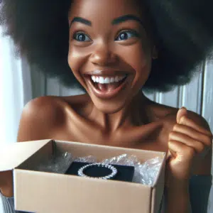 a young woman very excited to see new jewelry arrive straight to her doorstep